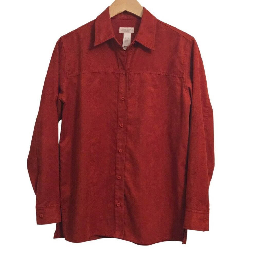 Liz Claiborne Women’s Button Front Shirt Red Suede Feel Long Sleeve Size Small